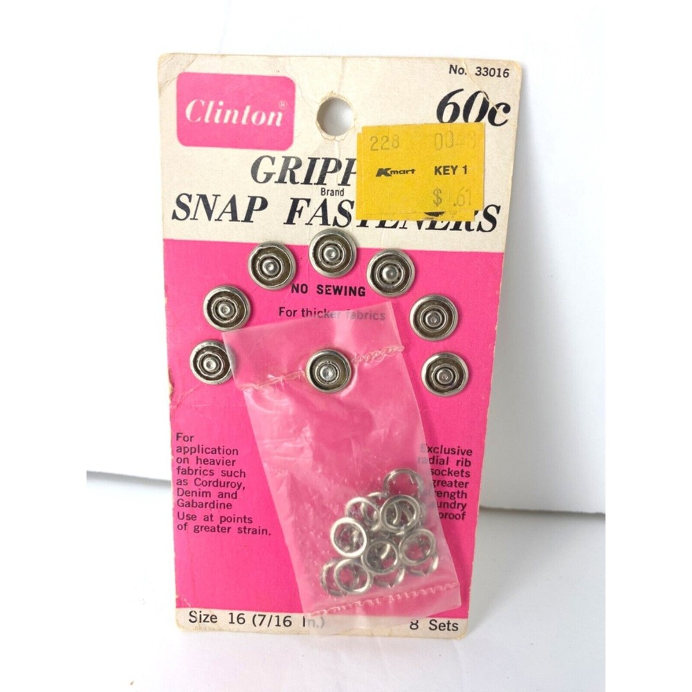 Vintage Clinton Gripper Snap Fasteners Sz 16 (7/16 In.) Silver 8 Sets New